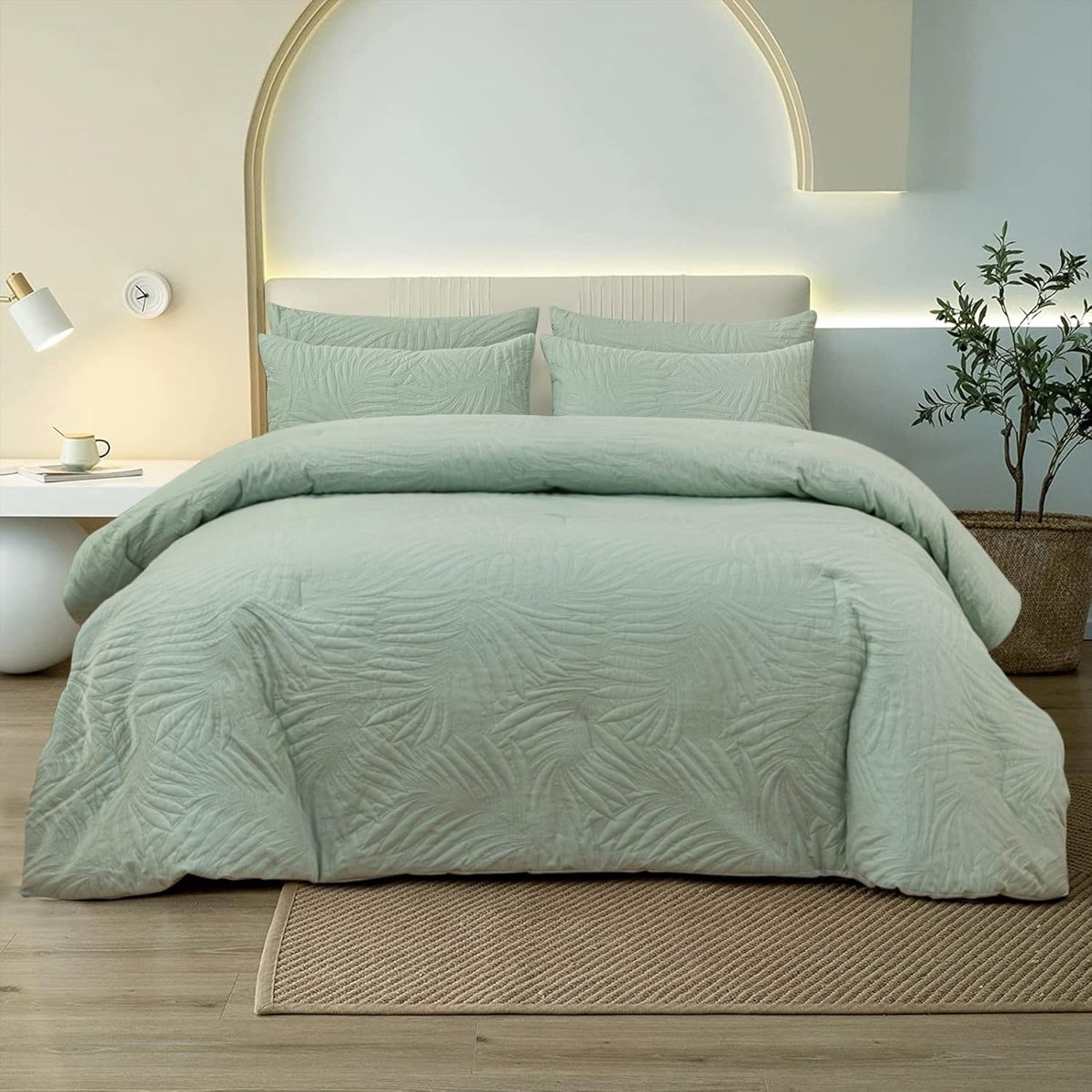 SnelShoppen - Duvet 155 x 220 cm 4 Seizoenen Groen Bladpatroon Microvezel Dekbed 400 g/m² Inclusief 80 x 80 cm Kussensloop Geschikt voor Kinderen