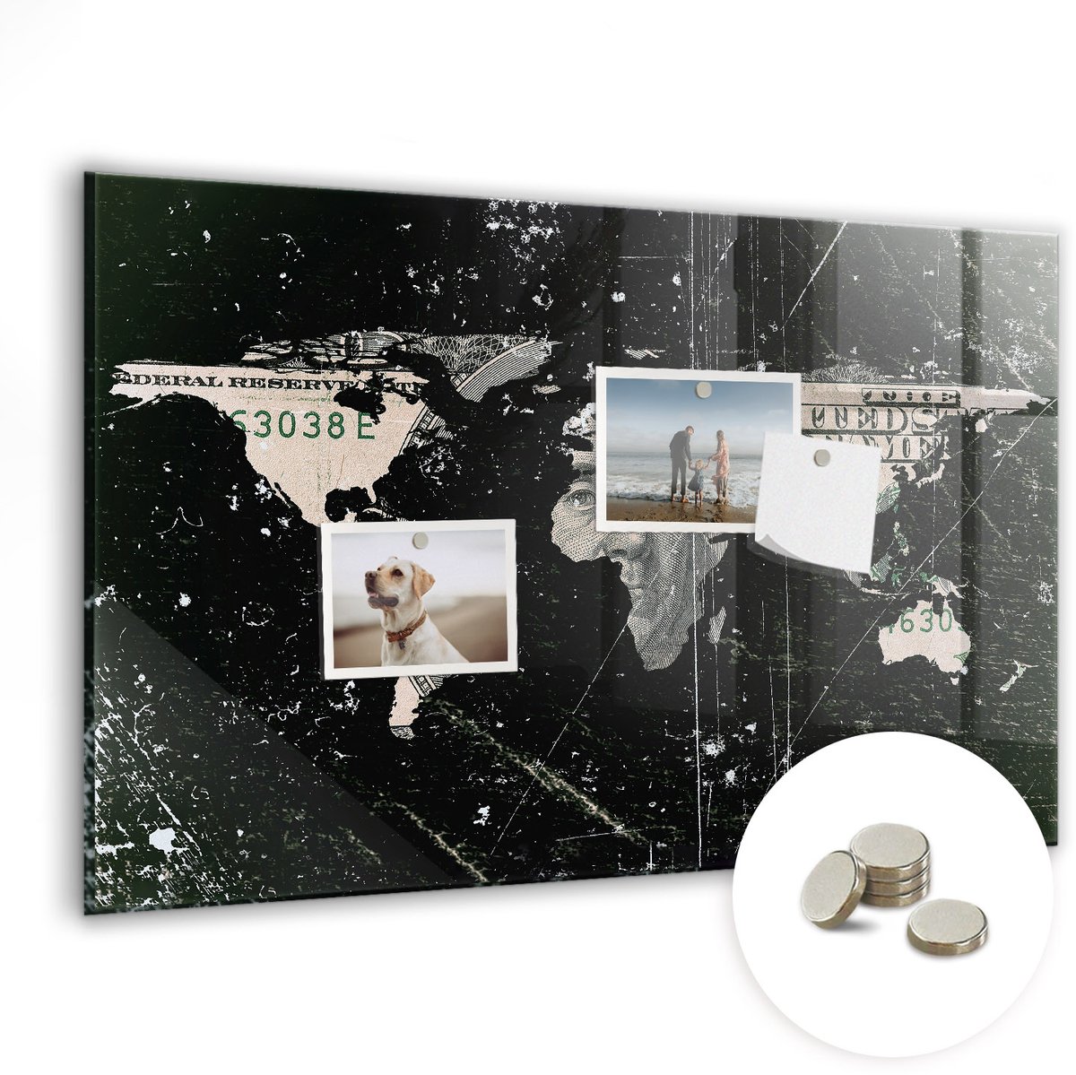 Coloray Glazen Magneetbord - Magnetisch Bord Dollar wereldkaart - 60x40 cm - Zwart-wit Magneetbord - Magnetic Board - Magneetbord Design