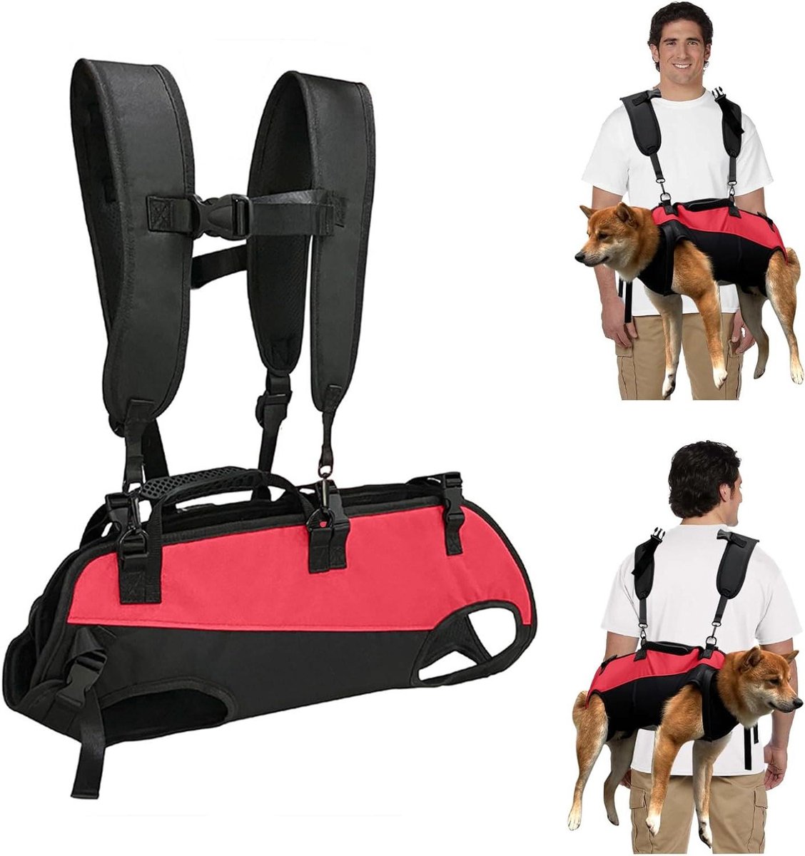 Honden draagrugzak - Hondenlift harnas - Ondersteuning bij lopen - Verstelbare banden - 75-15 kg - Zwart Rood