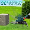 Groene grastrimmer met 90 graden verstelbare trimmerkop en anti-botsingsbeugel, ideaal voor nauwkeurig snijden langs kanten en muren.