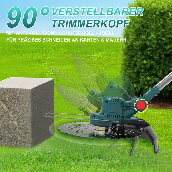 Groene grastrimmer met 90 graden verstelbare trimmerkop en anti-botsingsbeugel, ideaal voor nauwkeurig snijden langs kanten en muren.