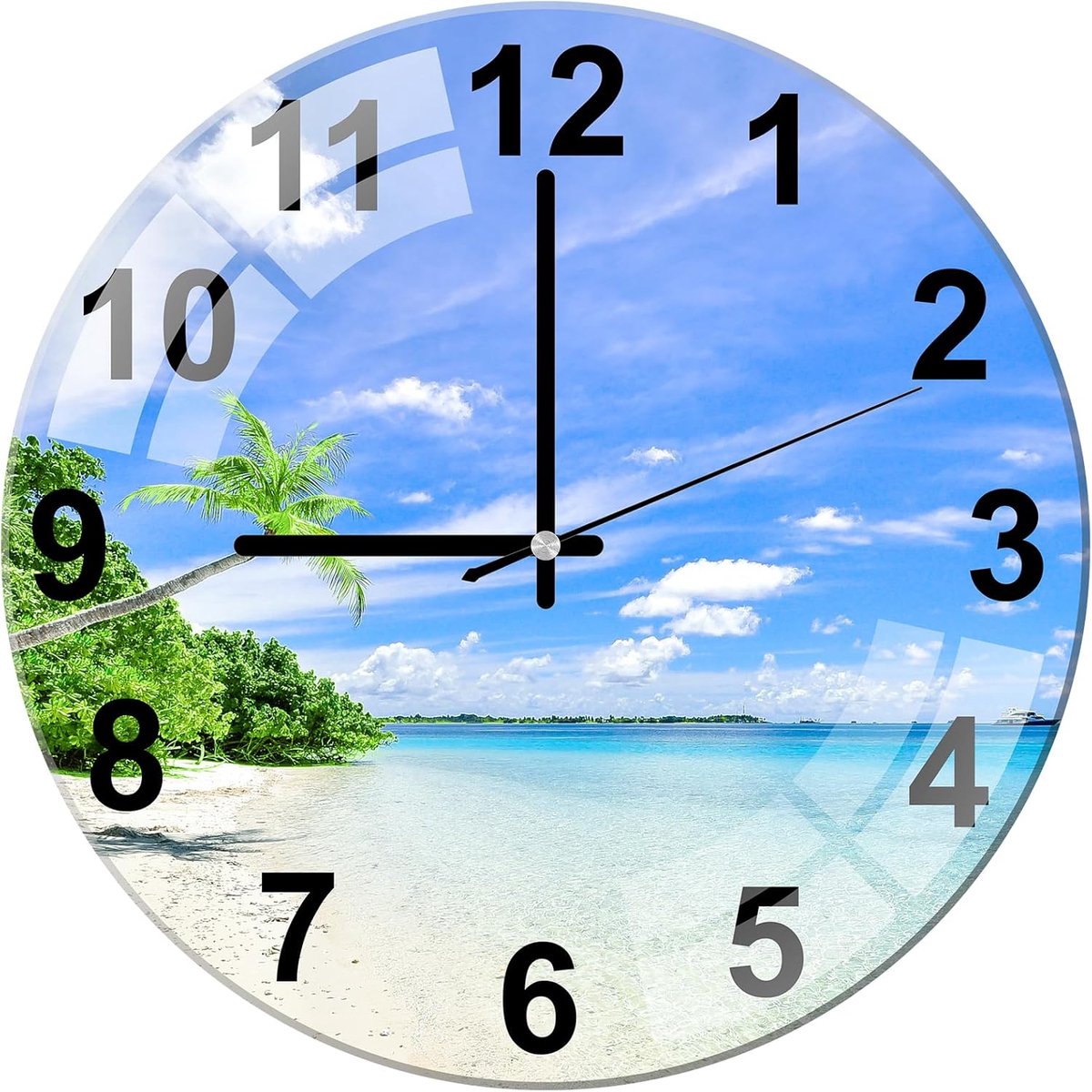 Glass Wall Clock 12 Inch Silent Non Ticking Round Wall Clocks for Living Room, Bedroom, Hallway, Office (Beach) - ShopVlot