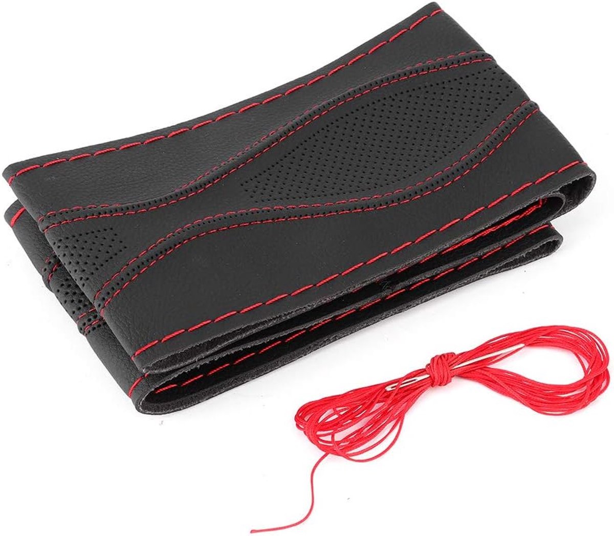 SnelShoppen - Stuurwiel Cover 38cm/15inch Leer Handgestikt Universeel Zwart & Rood Verhoogd Comfort DIY Project