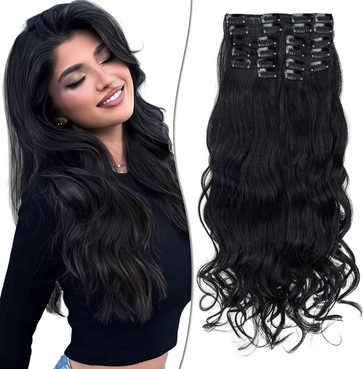 SnelShoppen - Clip-In Hair Extensions 55 cm, Set van 12, 22 Clips, Natuurlijk Uiterlijk, Golvend, 180 g, Zwart, Goedkope Haarstukken voor Volle Hoofd,