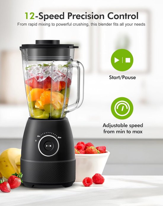 Krachtige Mixer - Smoothie Maker Blender - Gezonde Dranken Maken - Variabele Snelheid 24000 RPM - 1.5L Glas 600ml Fles — afbeelding 5