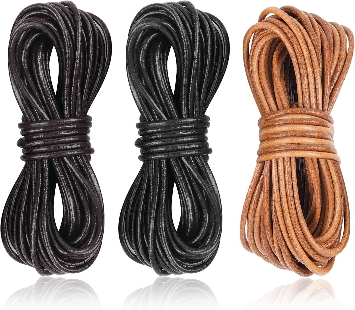 SnelShoppen - Leerkoord Set 3 Stuks - Ronde Veters - Perfect voor DIY Projecten - Zwart, Bruin en Natuurlijk - 15 Meter Lengte - 2 mm Dikte