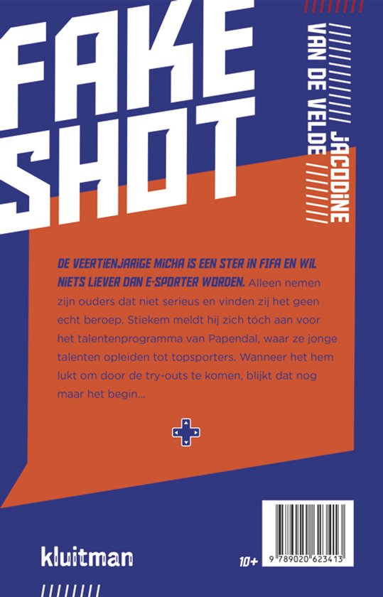 Achterkant van het boek FAKE SHOT met tekst over Micha, een 14-jarige FIFA-speler.