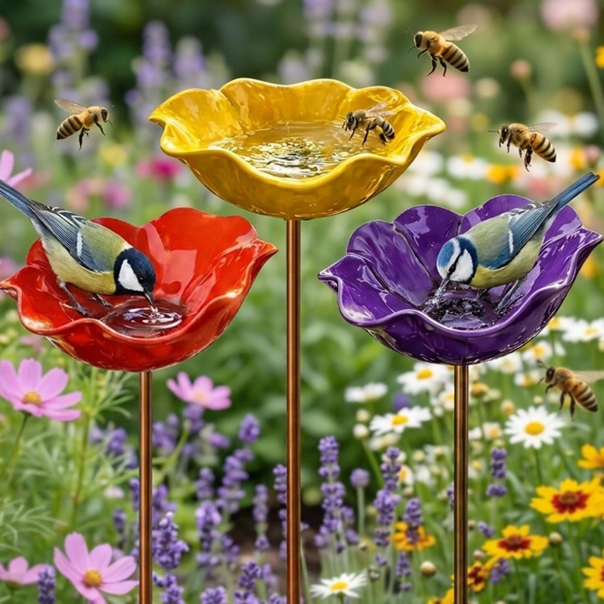 KZQ 3-Delige Metalen Bloemvormige Vogelbad- En Voederset – Isolerend, Geschikt Als Drink- En Voerbak Voor Vogels, Bijen En Insecten, Met Stevige Tuinstok (Rood, Geel, Paars)