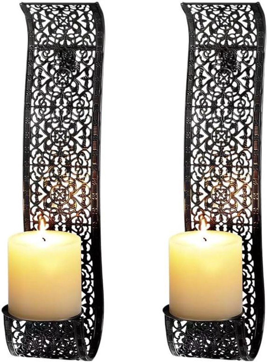 Metalen Wandkandelaars - Wandlampen Kaarsen - Sfeerverlichting Creëren - Ornate Filigree Design - Set van 2 - Zwart