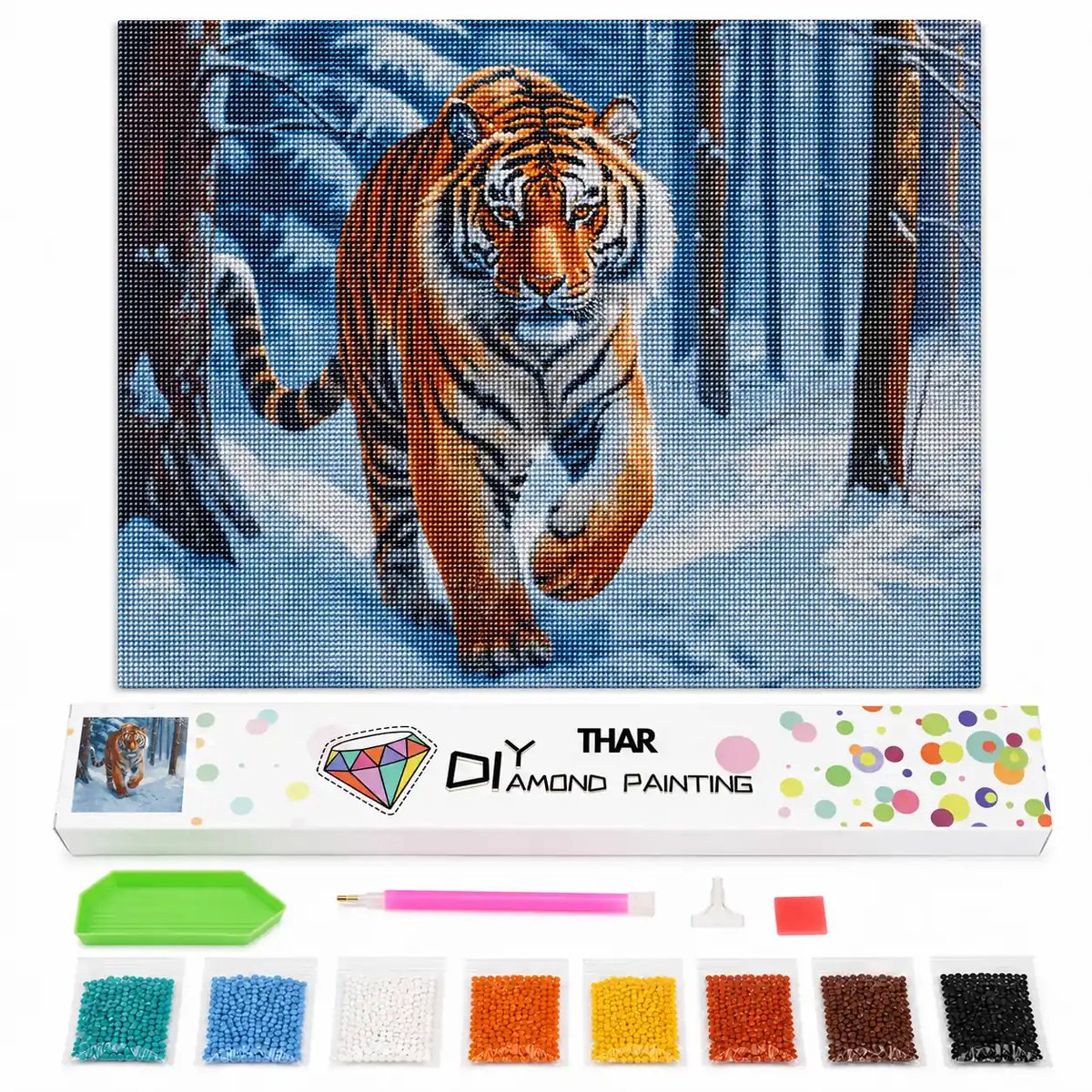 THAR Diamond Painting Tijger in Sneeuwbos 40x50 cm - Ronde Steentjes