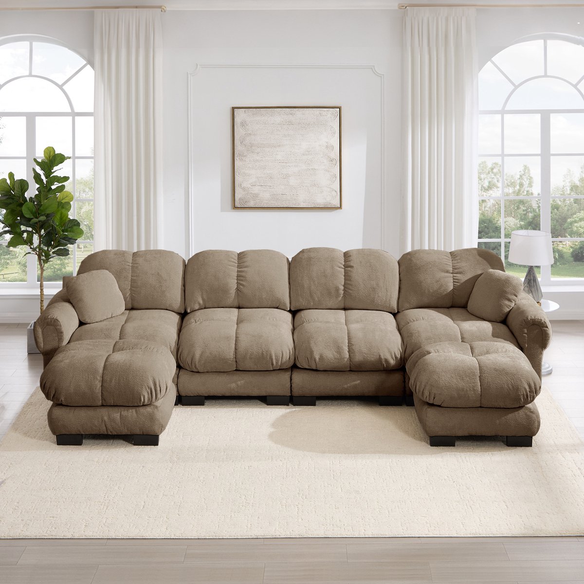 MEUNIQ U-bank 4-zits 330 x 149 x 90 cm modulair met gestikt patroon, chenille, 2 verplaatsbare ottomanen voor woonkamer, bruin Brown