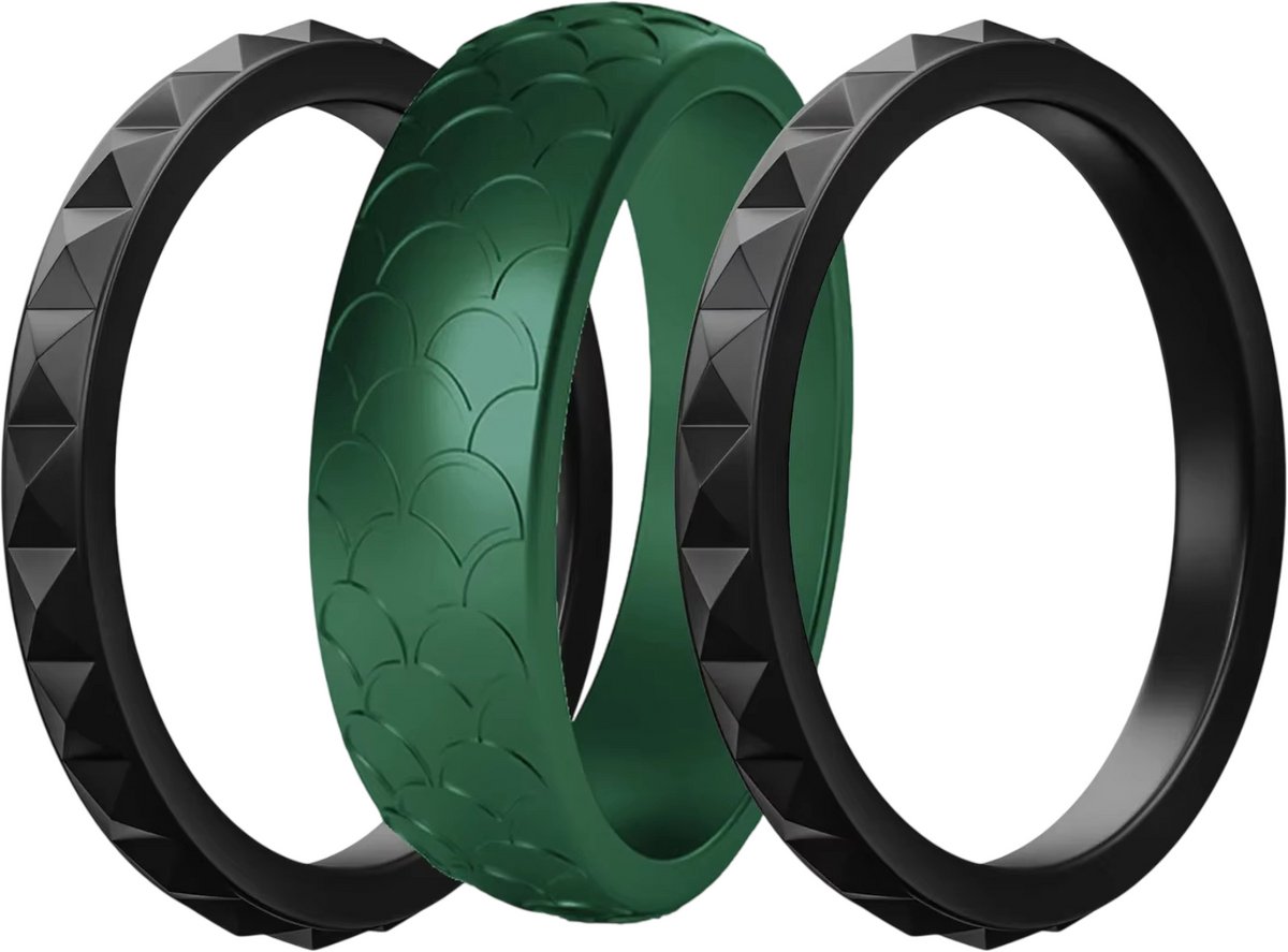 Set van 3 Siliconen Ringen voor Dames – Flexibele Hypoallergene Sport Ringen, Trouwring Alternatief, Comfortabele Vinger Sieraden voor Dagelijks Gebruik - Groen en zwart - Maat 10