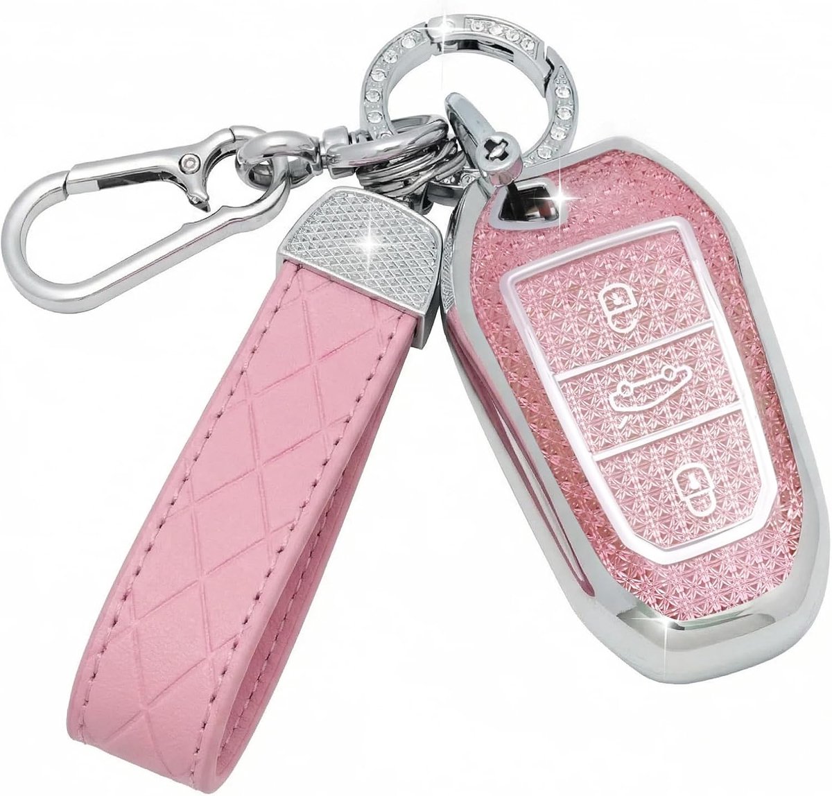 Car Key Case with Leather Keychain Compatible with Smart Key, pink - ShopVlot