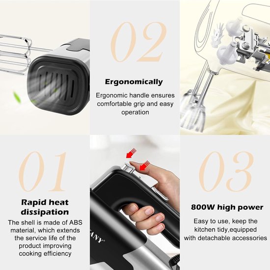SnelShoppen - Elektrische Handmixer 800 W - 5 Snelheden - Keuken Mixer met 2 Kloppers en 2 Kneedhaken - Ideaal voor Taart, Brood, Bakken en Slagroom - — afbeelding 2