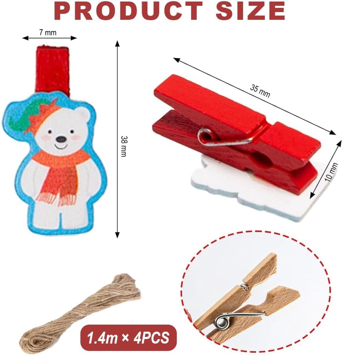 SnelShoppen - 40 Stuks Houten Klemmen Kerst met Jute Touw - Decoratieve Clips voor Foto's, Feestjes en Kerstversiering