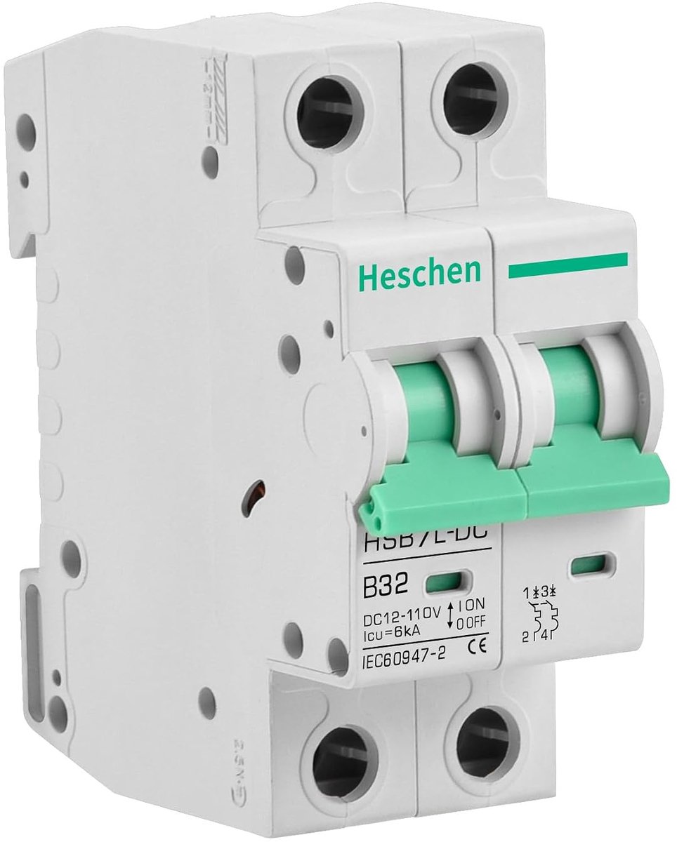 SnelShoppen - Miniatuur DC Voedingsschakelaar 2-polig, 12-110V, 32A, Type B, 6kA Schakelcapaciteit, 35mm DIN-rail Bevestiging, Elektrische Schakelaar