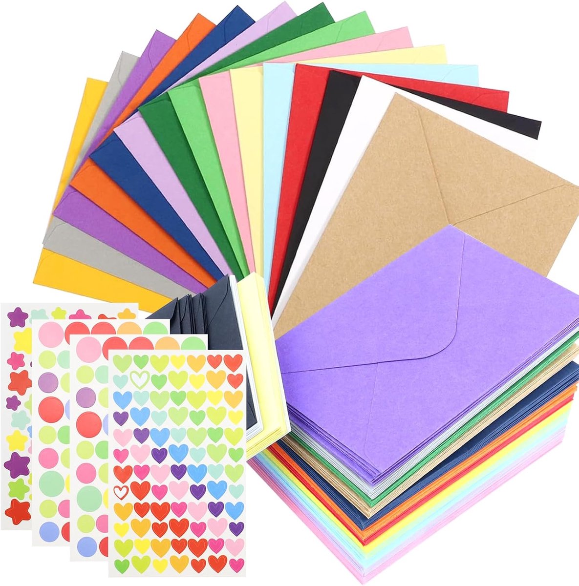 SnelShoppen - 120 stuks mini-enveloppen kleurrijk 10,2 x 7 cm, kleine gekleurde enveloppen van papier in 15 kleuren met zelfklevende stickers voor ver