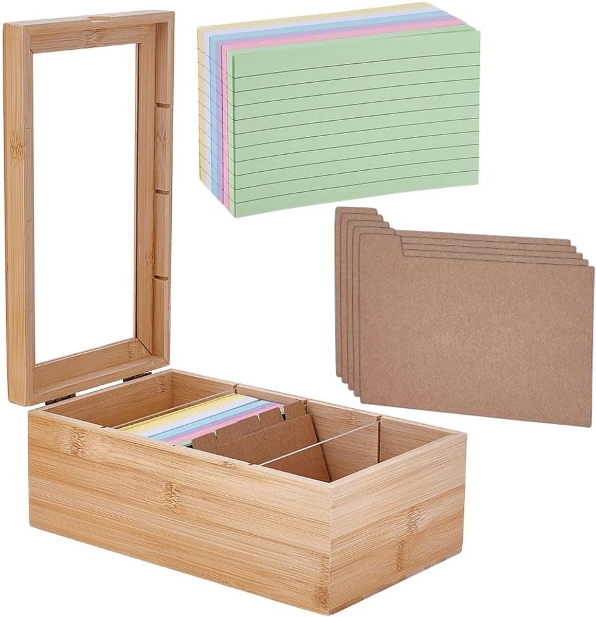 SnelShoppen - 1 Set Indexkaarten Organizer 3 x 5 Inch Houten Visitekaartjeshouder Box met 4 Vakken en Scheidingswanden voor Receptenkaarten, Leerkaart