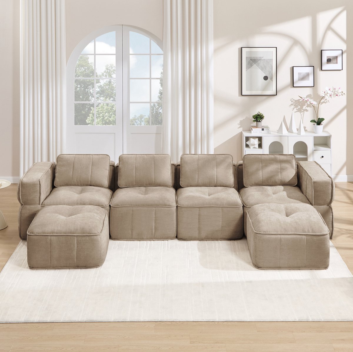 FloraGrace U-bank 4-zits – Modulair Sofa Met 2 Hockers En 32D Schuim – Voor Woonkamer – Polyester – Zand