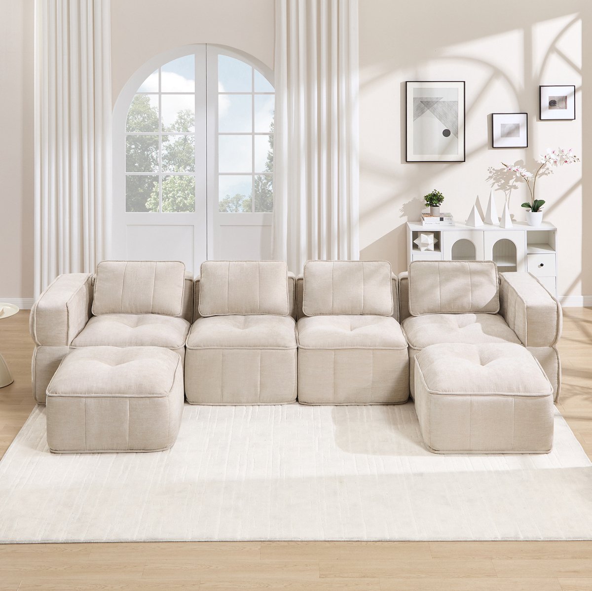 FloraGrace U-bank 4-Zits - Modulaire Bank Met 2 Hockers, Antislip Basis En Zonder Montage - Voor Woonkamer - Polyester - Beige