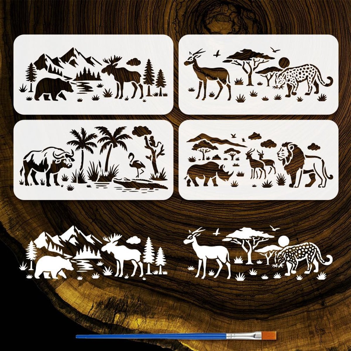 SnelShoppen - 4 Stuks Dierenthema Sjablonen met Kwast, 30x15cm, Bergen en Bossen, Creatieve DIY Decoratie, Schilderen op Hout en Stof