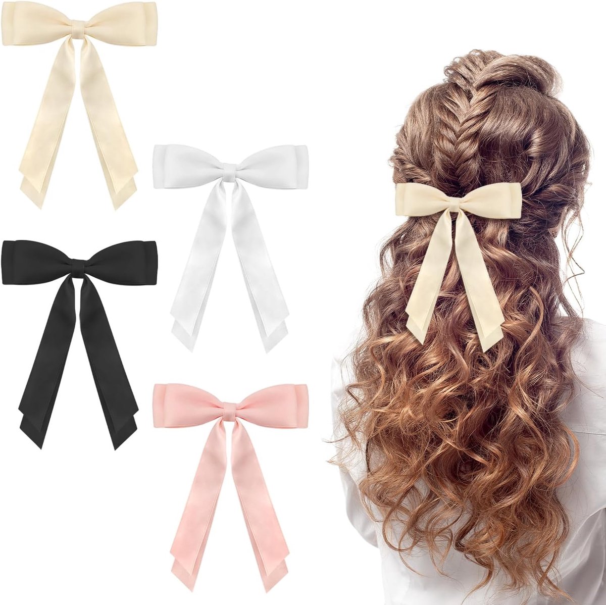 SnelShoppen - 4 Haarstrikken, Satijnen Haarstrikken voor Vrouwen, Franse Strik, Haarspelden, Effen Haarlinten, Strik, Haarspelden voor Vrouwen en Meis