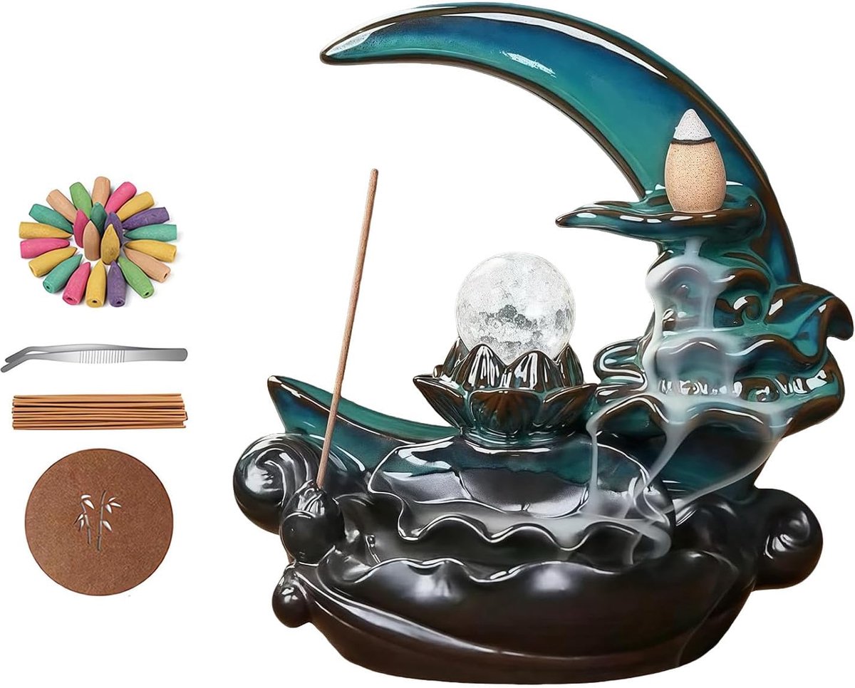 Wierookbrander Waterfall - Maanvormig met lotusvoetje - Inclusief pincet - Ideaal voor meditatie en aromatherapie - ShopVlot