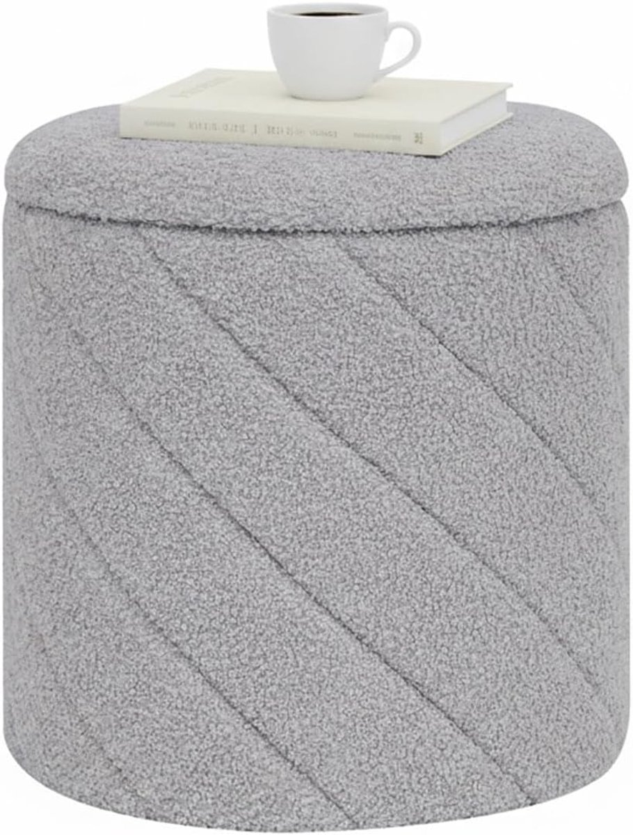 SnelShoppen - Ronde poef voetenbank met opbergruimte, inklapbare kruk met deksel, boucle kapkruk voor woonkamer, slaapkamer, entree, grijs, 33 x 33 x
