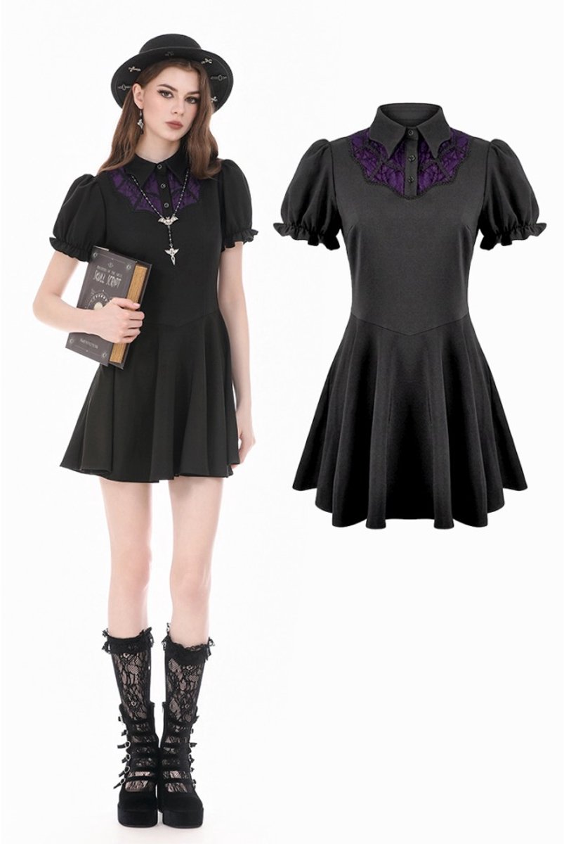 Dark in Love - Dark Academic Mesh Lace Patchwork Collar Puff Sleeve Korte jurk - S - Zwart/Paars