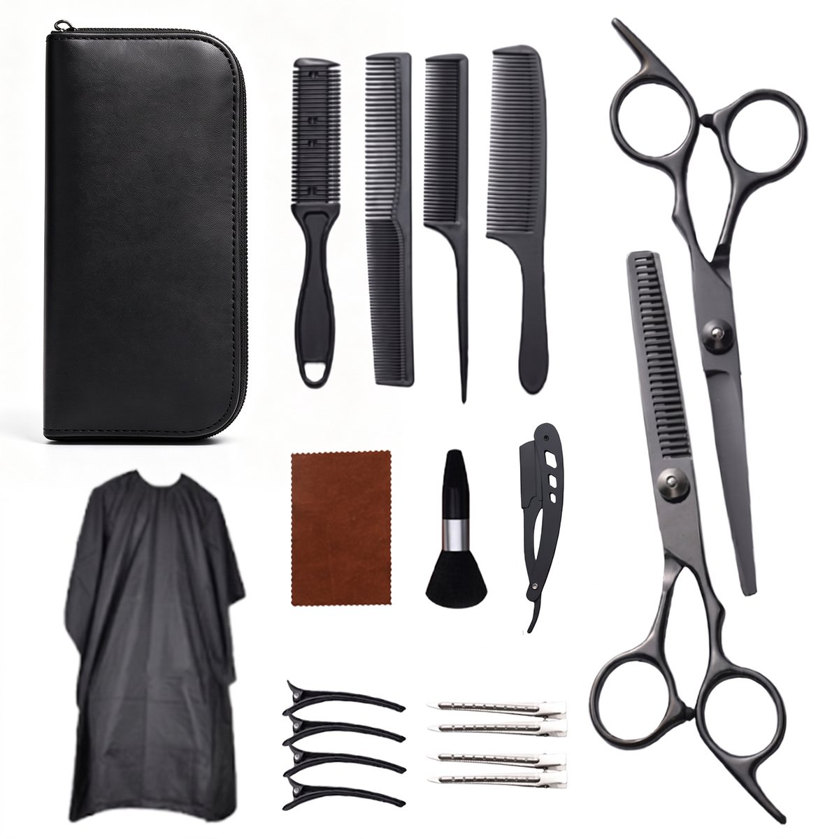 Fokelyi Kappersset - Kappersschaar 4CR13 Roestvrij Staal - 17cm -Uitdunschaar - Coupeschaar - Haarschaar Set - Rechte Schaar - Professioneel - Rechtshandig - Incl. Kappersmantel