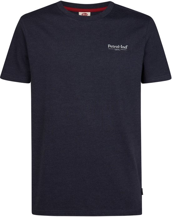 Donkerblauw T-shirt met ronde hals, rood detail aan de binnenkant en wit Petrol-Ind logo op de borst.