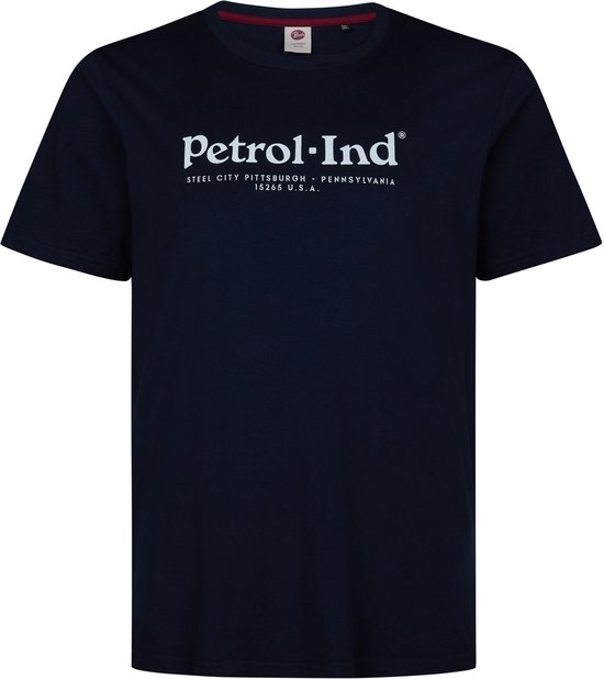 Donkerblauw T-shirt met witte "Petrol-Ind", "STEEL CITY PITTSBURGH - PENNSYLVANIA", "15265 U.S.A." opdruk.