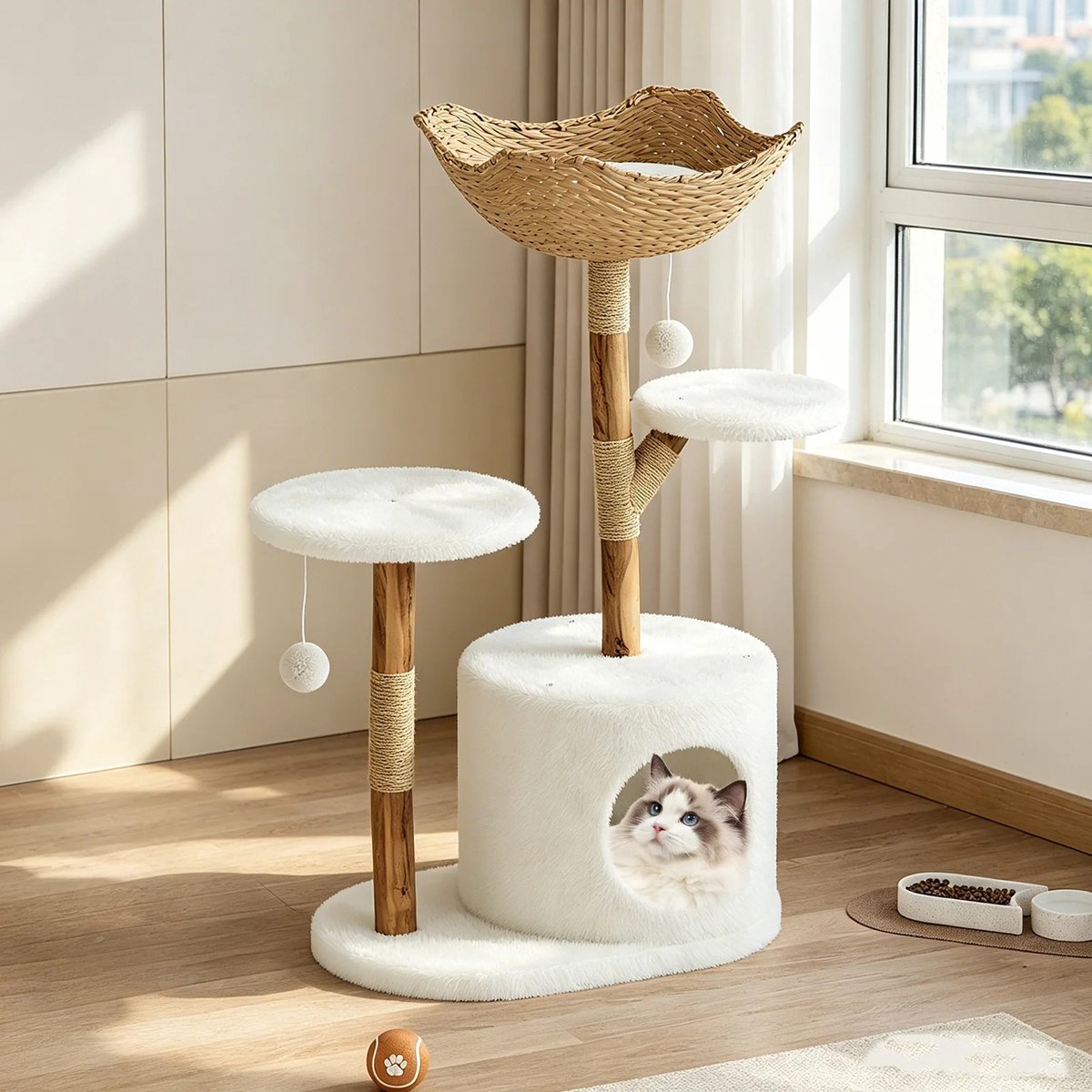RosaBloom Kattenboom - Krabpaal - Kattentoren - Kattenmeubel - Met Rieten Mandbed - Stabiel Ontwerp - 45x45x95 cm - Hout en Pluche - Wit