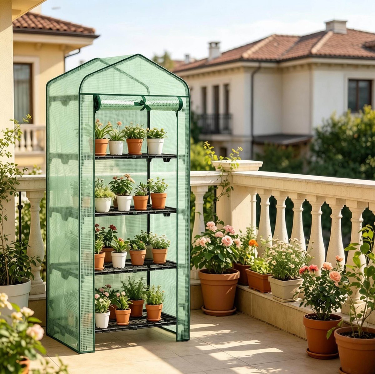 Wishdor - Tomatenkas - Mini kas met wielen - 4 mesh legplanken en roldeur - Voor balkon en terras - PE folie en stalen frame - Groen - 70 x 50 x 163 cm