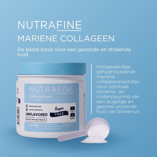 Pot Nutrafine Marine Collagen met schepje poeder, tekst over hoogwaardige gehydrolyseerde peptiden voor gezonde huid van binnenuit.