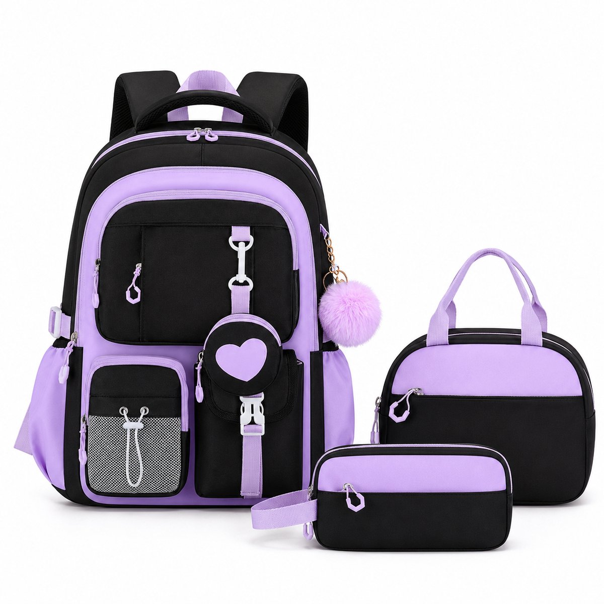 VHV - Schoolrugzak 3-delige set - met lunchtas en etui - 26L - laptopvak 15,6 inch - middelbare school - Paars