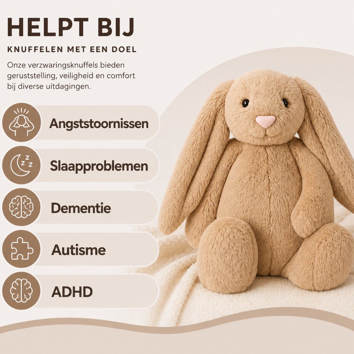 Verzwaringsknuffel 2Kg - Verzwaarde Knuffel - Coco Konijn - Weighted Stuffed Animal - Sensorisch Speelgoed - Voor Kinderen En Volwassenen - Bruin - Met Canvas Opbergtas — afbeelding 4