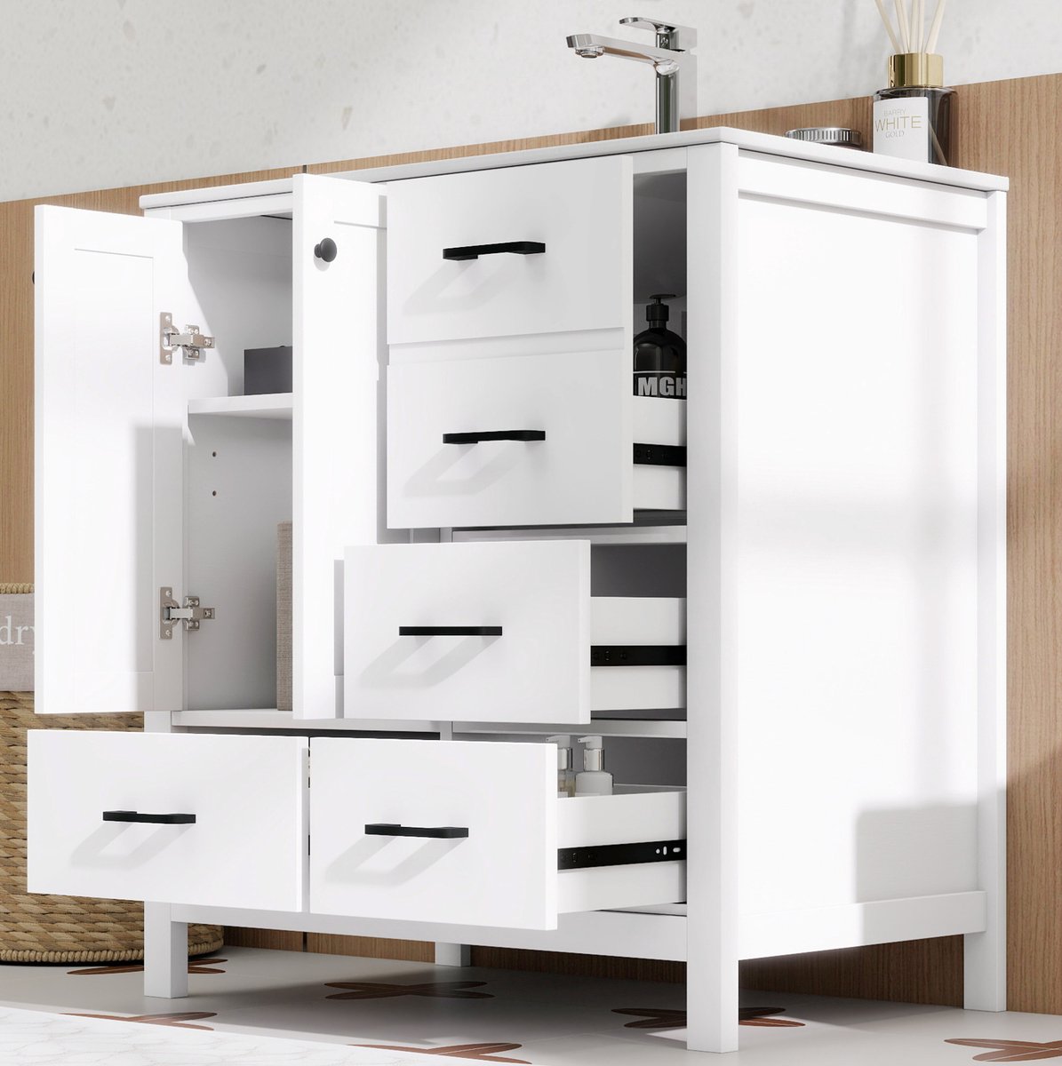 OKWISH Badkamermeubel - Vrijstaand Wastafelmeubel Met Keramische Wastafel - 76 x 46 x 82 c