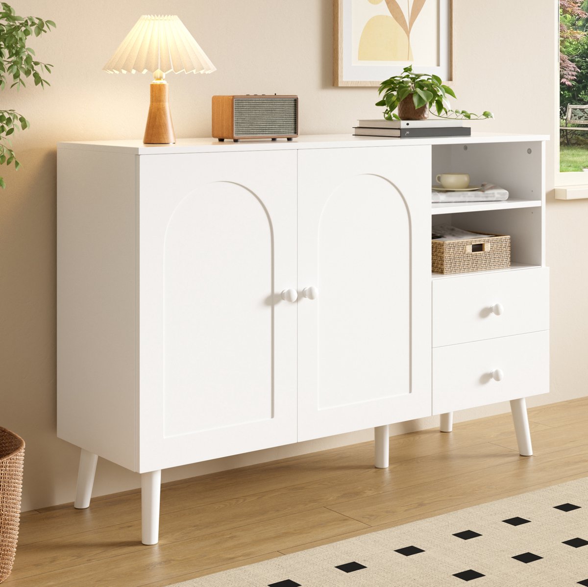 OKWISH Dressoir - Gewelfde Deuren Met 2 Lades En Open Vakken - 118 x 35 x 82 cm - Opbergruimte Voor Woonkamer Of Hal - MDF En Spaanplaat Wit