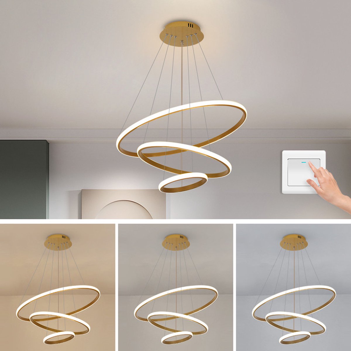Riserva LED Hanglamp 3 Ringen - 36W - 4050 lm - 3000K/4000K/6500K 3 Lichtkleuren - Goud - Moderne Hanglamp voor Woonkamer, Eetkamer en Keuken