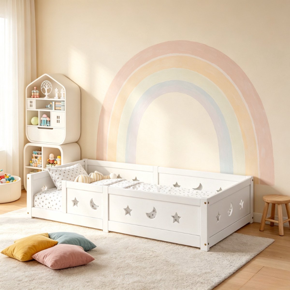 ROSAHQNDA Kinderbed 90x200 cm, vloerbed voor kinderen met veiligheidshek, eenpersoonsbed van grenenhout met sterren en maan patroon, wit kinderbed zonder matras