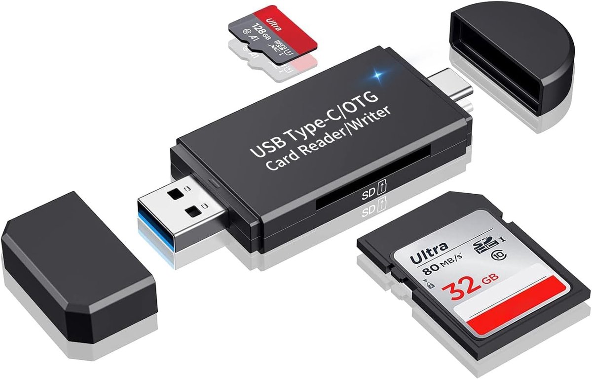 QTTVBTNA -3-In-1 SD-Kaartlezer - Multifunctionele Geheugenkaartadapter - USB-C Kaartlezer - Drie Aansluitingen Voor Universele Compatibiliteit - Snelle Data Overdracht Voor Foto S En Video S - Compact En Draagbaar Ontwerp - 1 Stuk