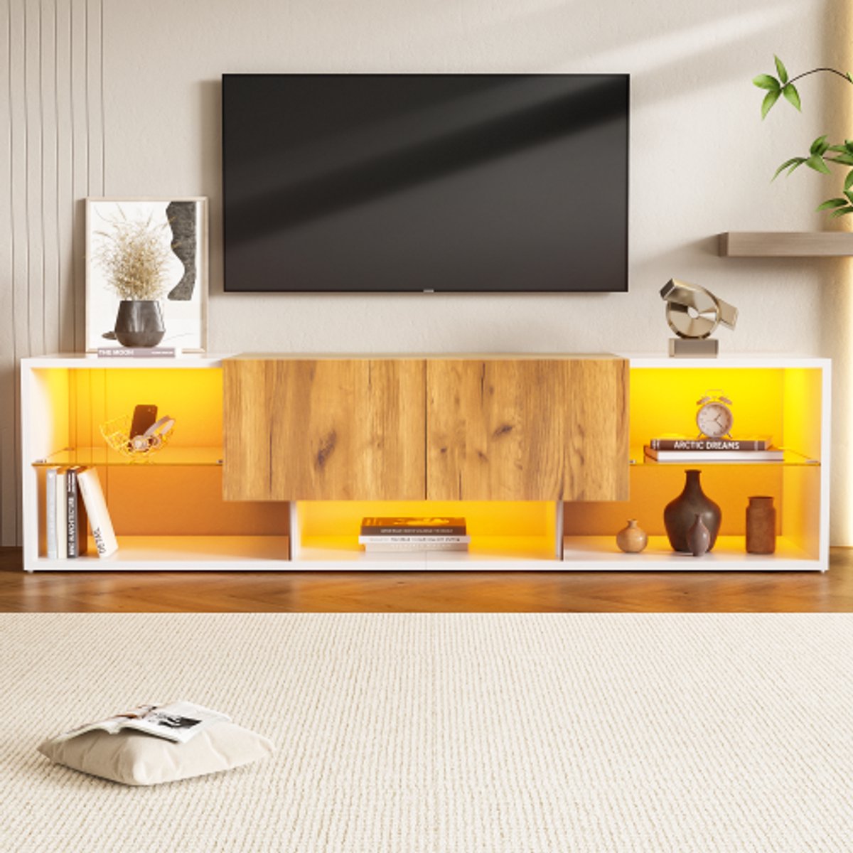 Wit-Eiken TV-Meubel 160 cm met Glasplaat – Modern Lowboard met 2 Laden en LED-Verlichting – Antiek Wit en Eiken Houtlook