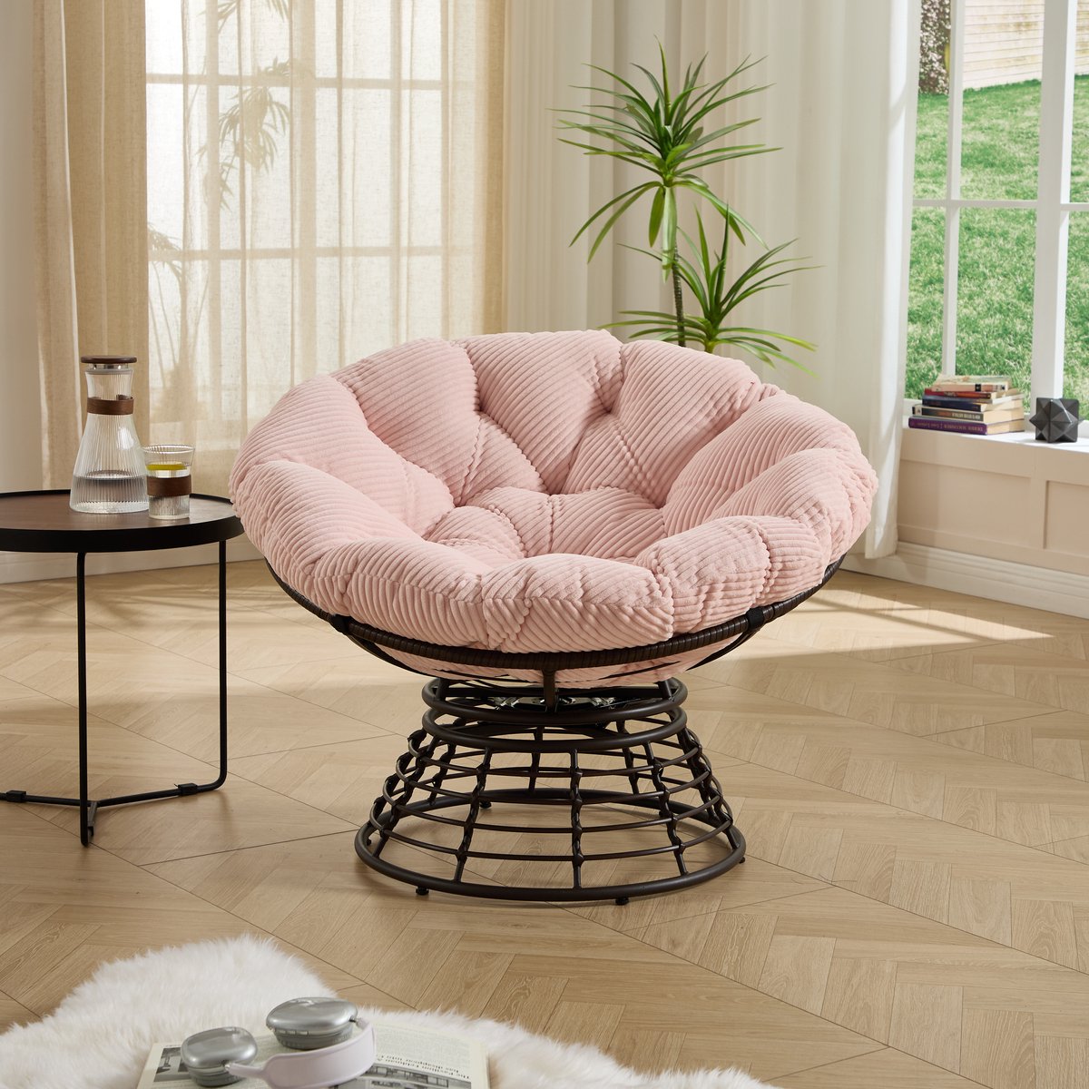 HAUSS SPOLE Fauteuil - Papasan Draaifauteuil - Ergonomisch Met Dik Corduroy Kussen - Voor Woonkamer En Slaapkamer - Rotan Roze