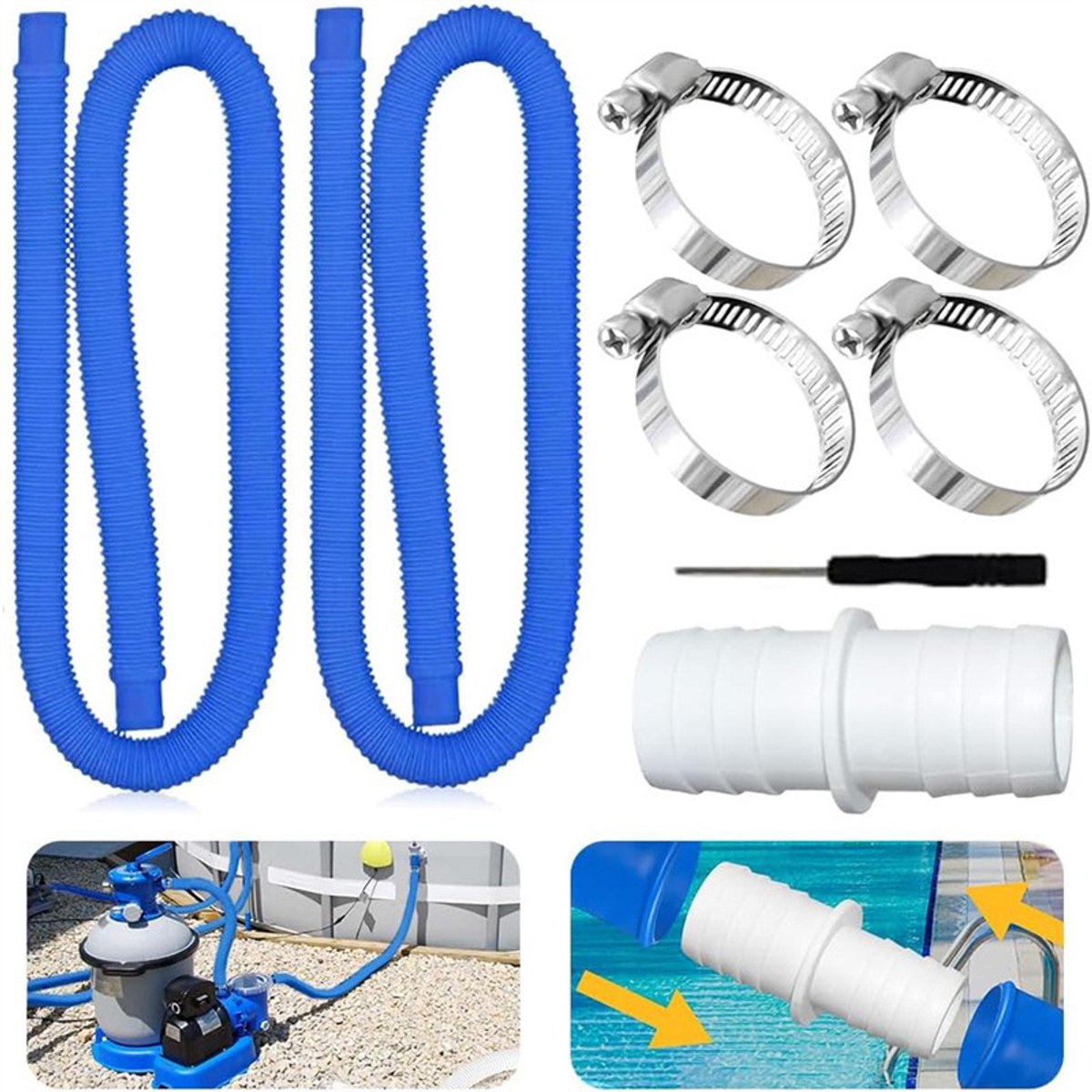 Zwembad PVC slang set, 2 stuks blauwe flexibele afvoerslang van 1,5 meter, 32mm diameter, inclusief verbindingskoppelstuk, 4 roestvrijstalen slangklemmen en schroevendraaier voor opzetzwembad en filterpomp