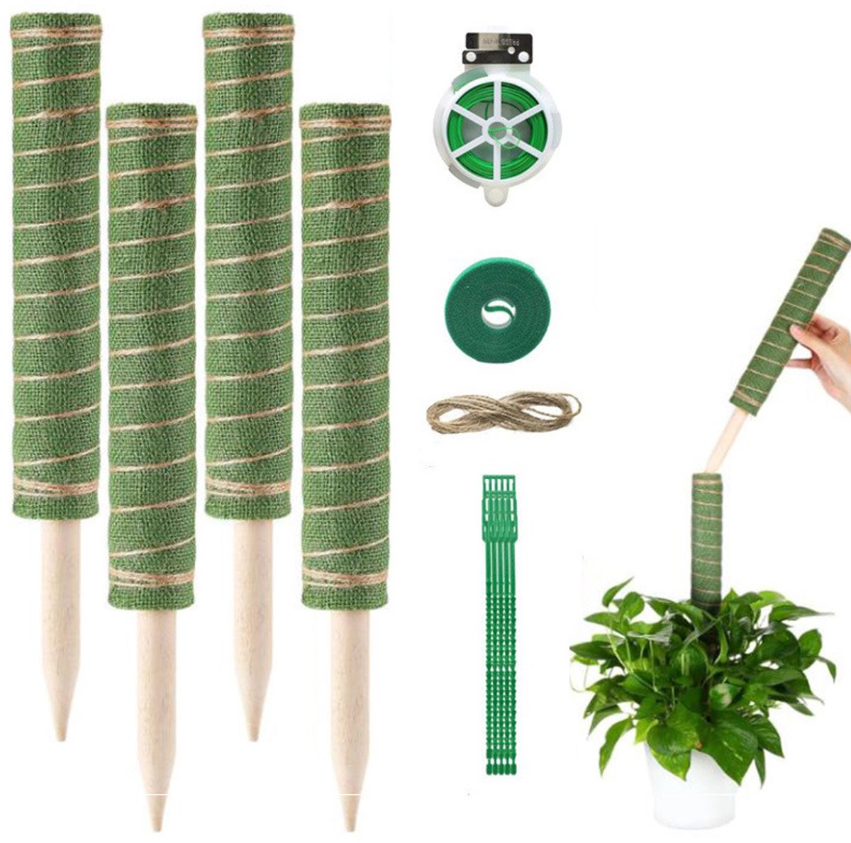 Uitbreidbare mospaal set 4 stuks 30cm - groene linnen kokos steunpaal voor klimplanten monstera pothos - compleet accessoire pakket met tuinbandjes plantetiketten