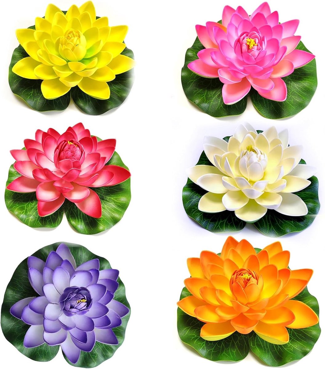 Drijvende bloemen voor vijvers, 6 stuks kunstmatige waterlelies, lotusbloemen en vijverdecoratie, 18 cm groot