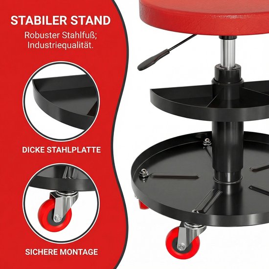 Gedetailleerd beeld van een rolkruk met rode zitting en zwarte plateaus. Toont 'STABILER STAND', 'DICKE STAHLPLATTE', 'SICHERE MONTAGE'.
