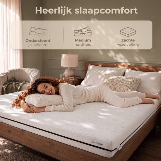 Vrouw slaapt tevreden op een wit matras, met iconen voor ondersteuning, medium hardheid en zachte vulling.
