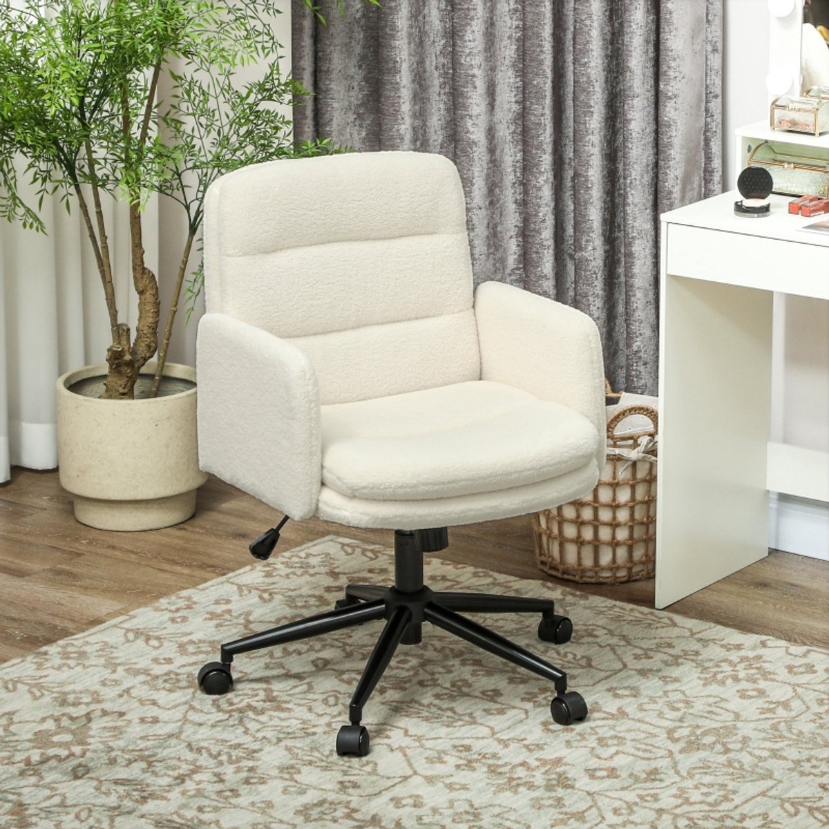 MODENUIT Bureaustoel 61,5 x 65 cm - Draaibaar met 5 Wielen en Armleuningen - Voor Bureau - Polyester Crèmewit